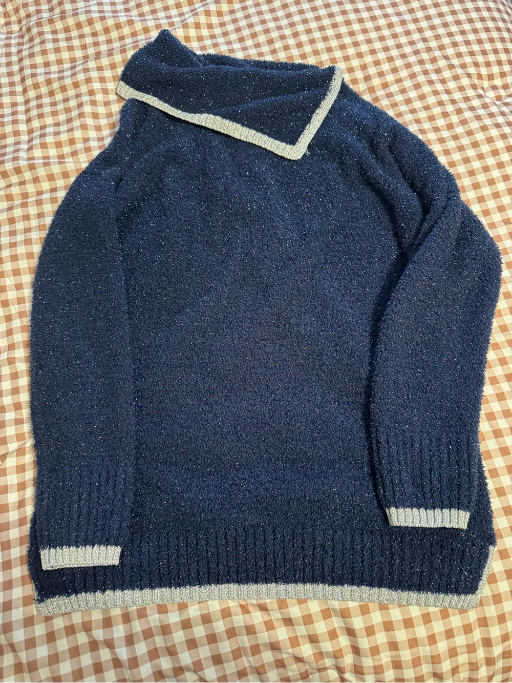 crown & ivy Navy Turtleneck Sweater with Gray Trim